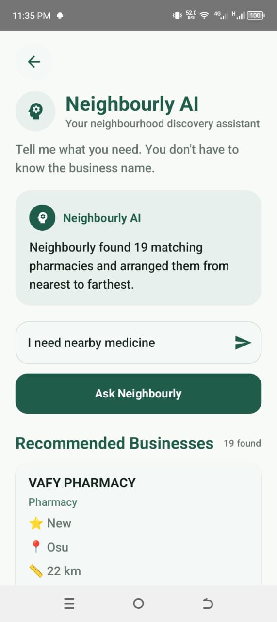 Neighbourly AI Assistant showing a local pharmacy request and recommended businesses